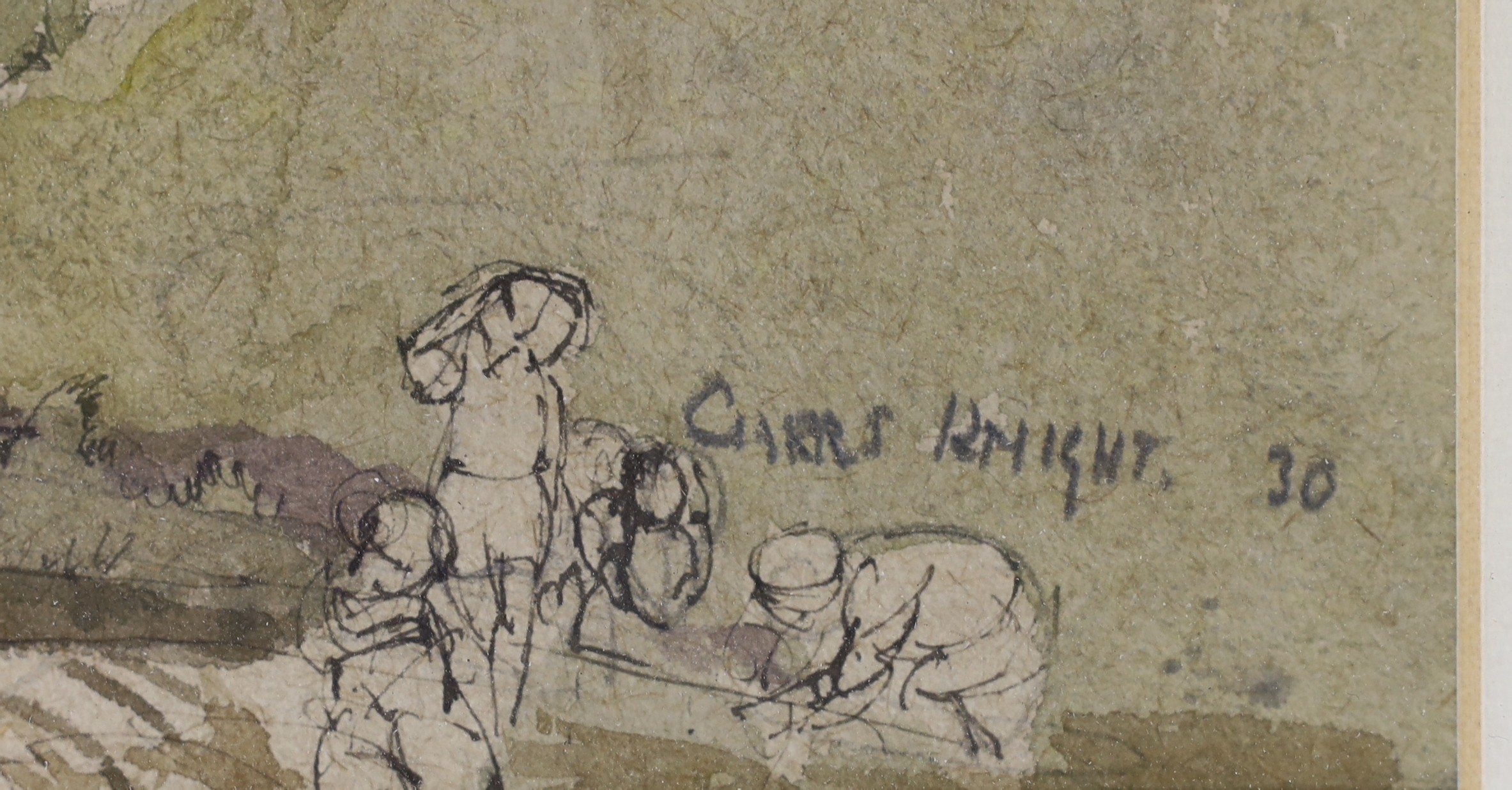 Charles Knight, 1901-1990, ink and watercolour, Labourers beside stone bridge, signed in pencil and dated '30, 24 x 36cm